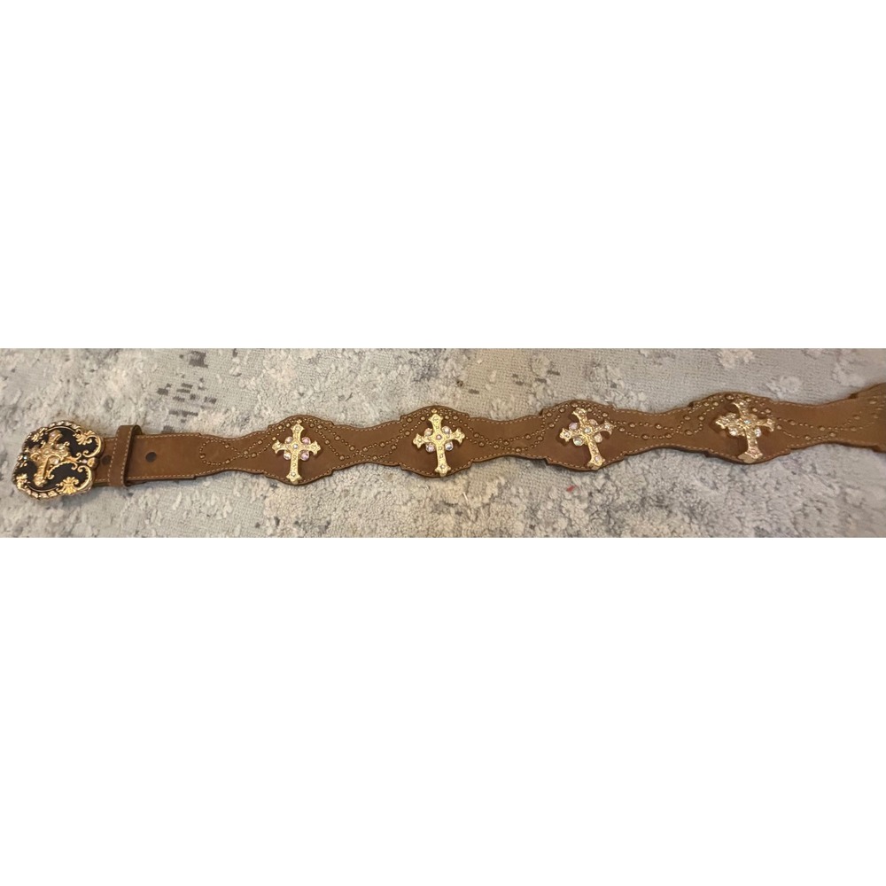 Justin Womens Brown Leather Western Cross Rhinestone Belt 30 Scalloped C20844